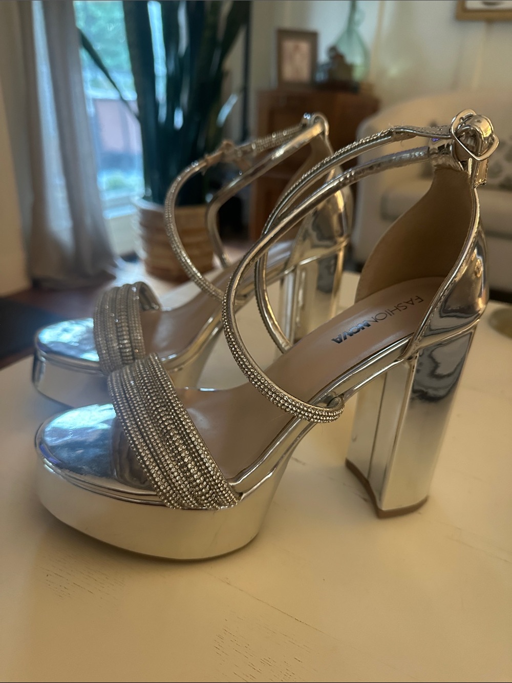 Fashion Nova Metallic Silver Rhinestone Platform Heel size 7
